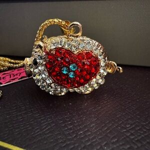 Betsey Johnson Gold Pig  Pendant Necklace with Red and Blue Crystals Bling